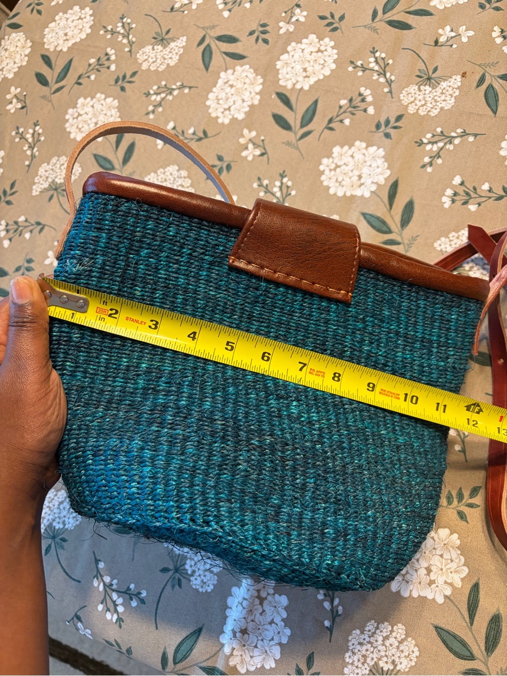 Teal Woven Clutch with Brown Leather Trim and Beaded Accent - Picture 8 of 8